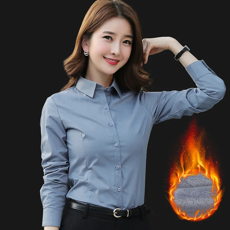 New Fashion Winter Quality Women Office Lady Formal Plus Velvet Thicking Long Sleeve Shirt Casual Solid White Blouse Tops