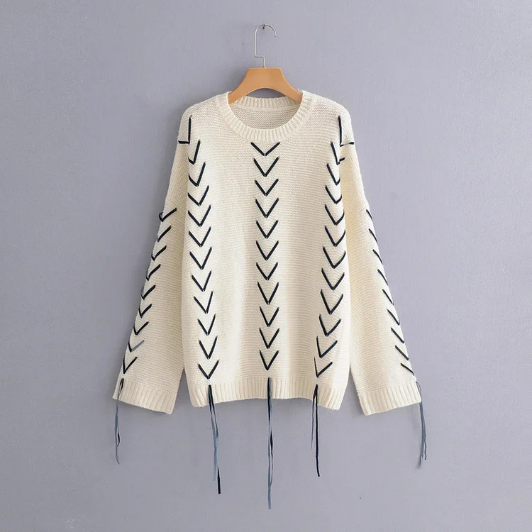 

S25060 Autumn Clothing New Style Western Style V Decorative Pattern Drawstring Lace Sweater Laziness-Style Loose-Fit Pullover Sw