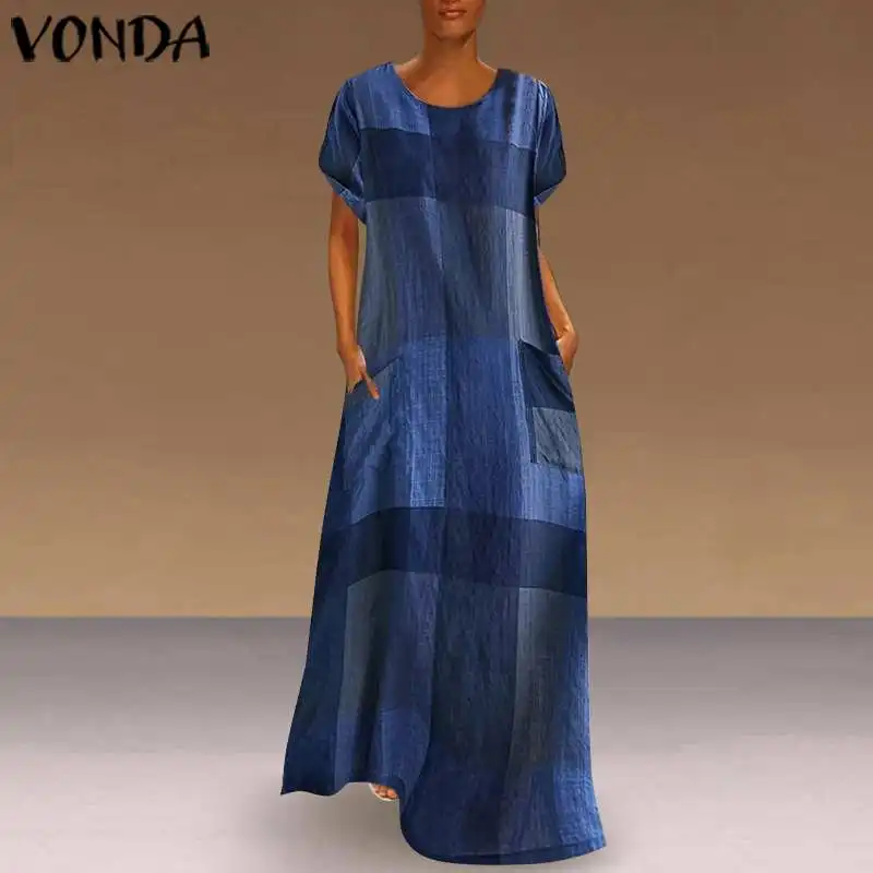 

VONDA Vintage Patchwork Plaid Maxi Dress Women 2019 Summer Beach Sundress Plus Size Short Sleeve Bohemian Party Dresses 5XL