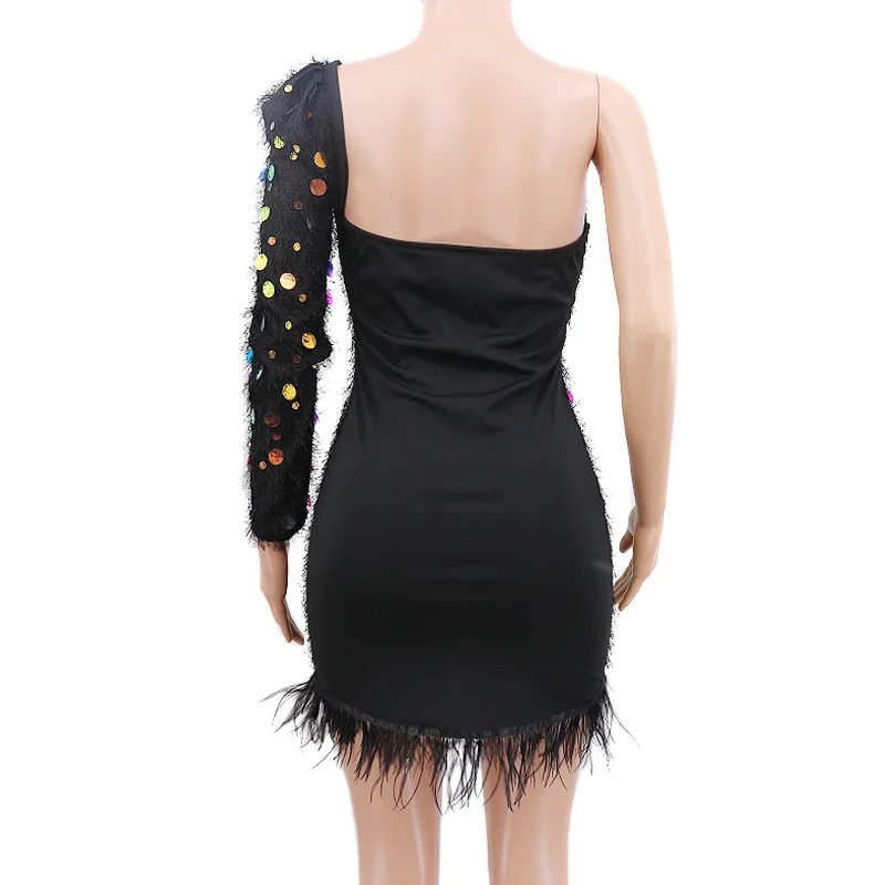 Винтажное платье на одно плечо с пайетками, женское элегантное облегающее мини-платье с рукавами-фонариками и перьями, сексуальное вечернее платье без бретелек