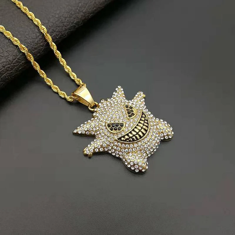 Хип хоп Bling Iced Out Стразы Золото Цвет Нержавеющая сталь Pokemons Gengar подвески Цепочки И ожерелья для мужчин рэппер ювелирные изделия - Окраска металла: black eye