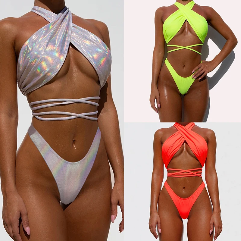 

Silver sexy bikini set 2020 Halter swimsuit female bandage swimwear women Summer bather High cut bikini Cross strap biquini