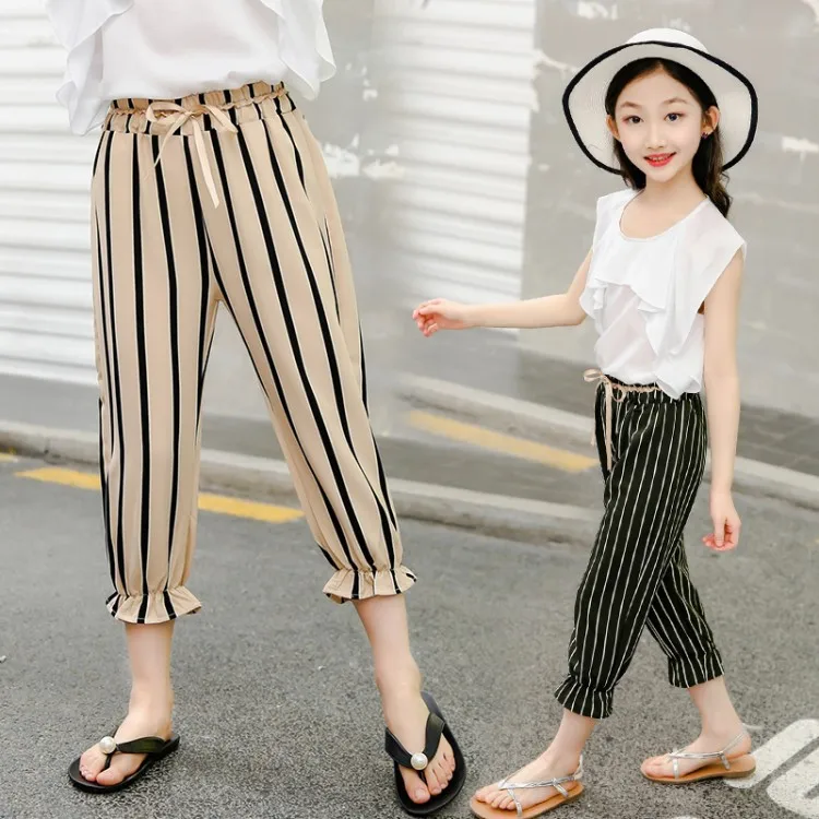 

Girl'S Cropped Trousers 2019 Summer New Style Children Casual Loose-Fit Stripes Anti-mosquito Pants Big Boy Western Style Beam L