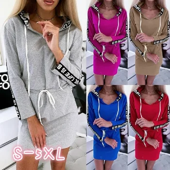 

Hot Sale Long Sleeve With Hooded Splice Mini Dress For 2020 Spring Autumn Ladies Fashion Sashes New Casual Plus Size Dress Women
