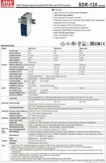 Meanwell SDR-120-12 120W 12V 10A DIN Rail Power Supply - Styronics