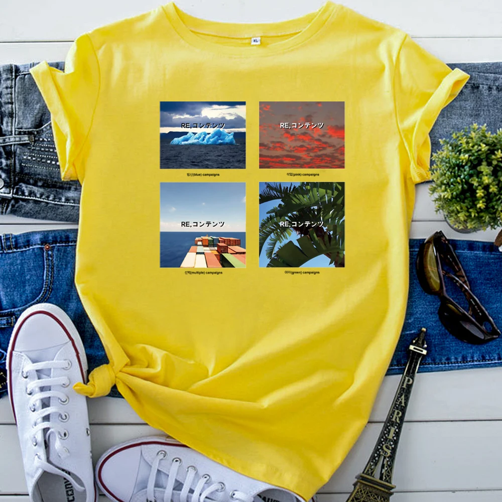 T-Shirts Jigsaw Landscape Japanese Letters Women'S Tshirts Funny Korean Style Woman T Shirt Oversize Fashion Women Tee Shirts