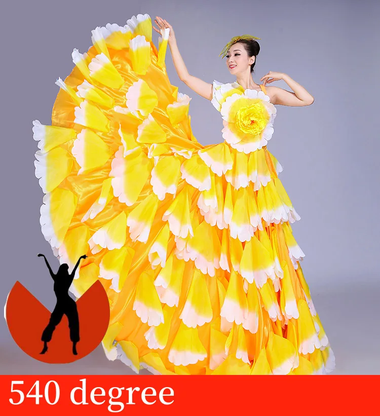 yellow 540 Испанская коррида Платье Фламенко лепесток Платье Фламенко платья для женщин живота платье с широкой юбкой для танцев длинный халат бальное платье - Цвет: yellow 540