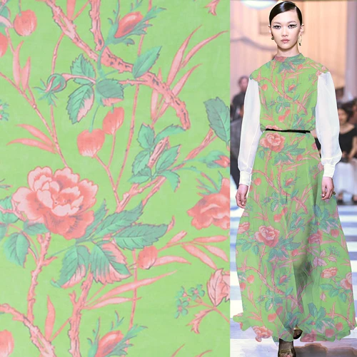 Чистый шелк шифон шелковая ткань цветочный на зеленой нижней прозрачной 8 momme SCF086