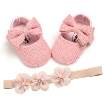 

Newborn Baby Girl Kids Soft Sole Solid Slip-On Crib Shoes Infant Bowknot Anti-slip Prewalker Headband + Hairband 0-18M Pink Gray
