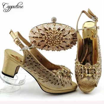 

Beautiful gold sandals with bag hot sale party shoes and handbag set with stones 18B4 heel height 7cm