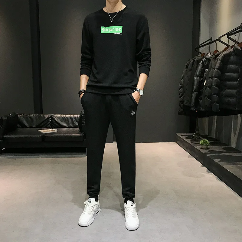 

Sup Autumn New Style Long Sleeve Crew Neck Printed Hoodie Suit Men's Korean-style Trend Trousers Casual Sports Two-Piece Set