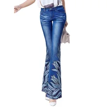 ACRMRAC Женская Вышивка бисером микро фолк-пользовательский Кружевной Край Высокая талия Эластичность тонкие брюки-Клеш Джинсы для женщин