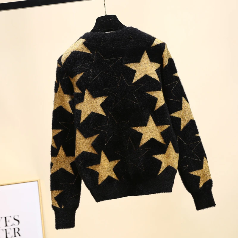 Модный Дом Весна Модная линия стильный черный свитер звезда норка флис свободный облегающий свитер Топ