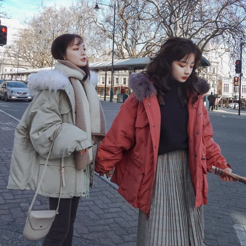 

Photo Shoot Main Push waitmore Laziness Pike Brick Red Hooded Large Fur Collar Drawstring Waist Hugging Cotton Coat Short Jacket