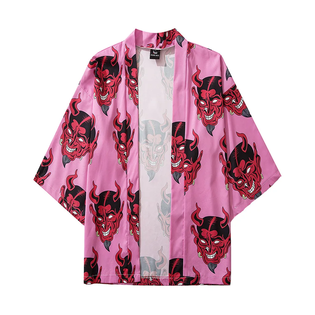 Japonés cinco punto Kimono con mangas streetwear camisas diablo impresión verano harajuku suelto Hawaiano camisa masculina