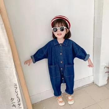 

New 2-7 year boys and girls rompers spring and autumn denim jumpsuits small and medium children smiling face casual jumpsuits