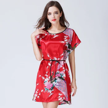 

Women Soft Silk Sleepwear Imitated Sleep Floral Dress Strip Tunic Homewear Plus Size Sleepwear Breathable Casual Leisure Wear