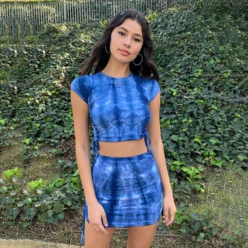 

two piece set women short sleeve crop top+mini dress summer clothes for female outfit bandage elastic hight skinny outwear