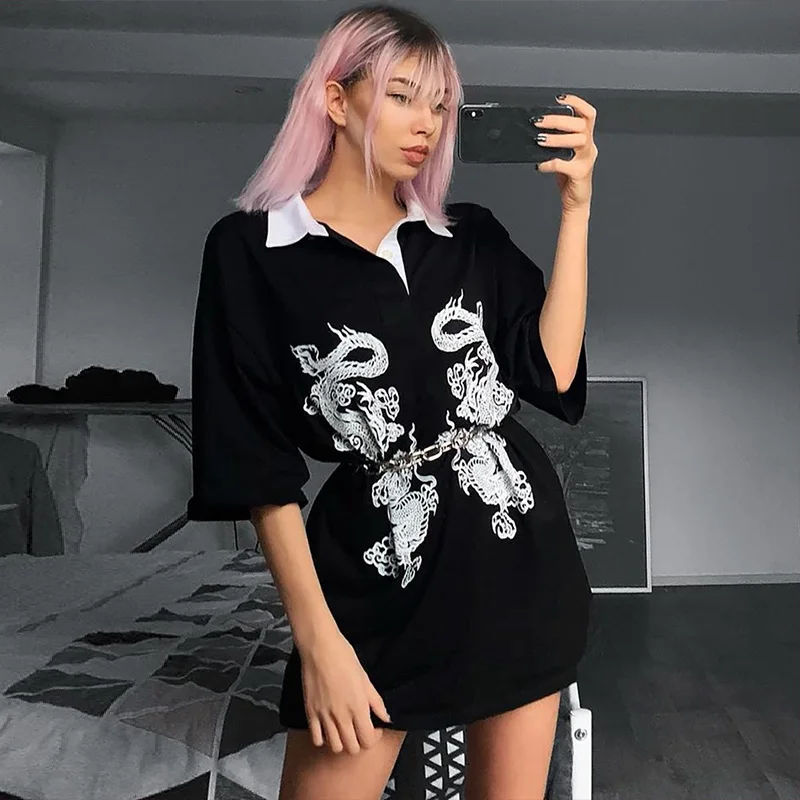 

Gothic Black Women Turn-down Collar Half Sleeve Splice Button Loong Pattern Printing Loose T-shirt 2020 New Summer Female Tops