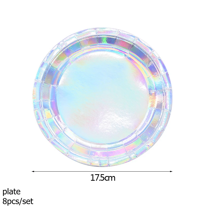 Лазерные серебристые и розовые одноразовые столовые приборы, набор чашек, тарелок, салфеток, соломинки, свадебные украшения, принадлежности для дня рождения - Цвет: SB02 8pcs plates