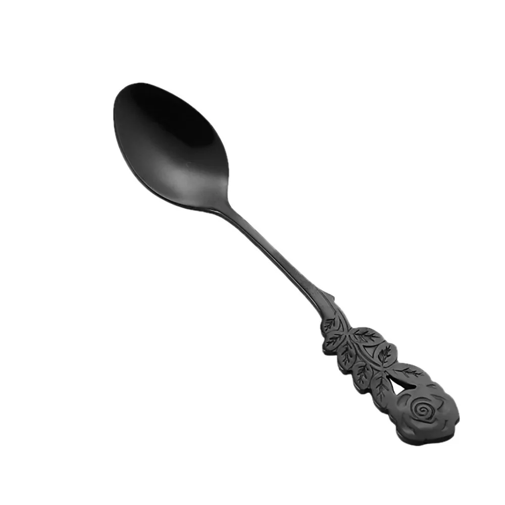 Красочные цветок из нержавеющей стали кофейная чайная ложка Spork Столовые приборы десертная ложка ручка кухонные столовые приборы - Цвет: Black