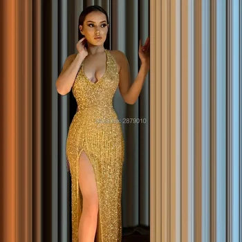 

Gold Halter Evening Dress Sheath Floor-Length Sequins Tassel Robe De Soiree Aibye Prom Dress Slit вечернее платье Middle East