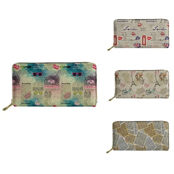

ELVISWORDS Newspaper Design Leather Wallets Long Zipper Lady Party Wallet Casual Cash Coin Waterproof Money Bags ID&Card Holder