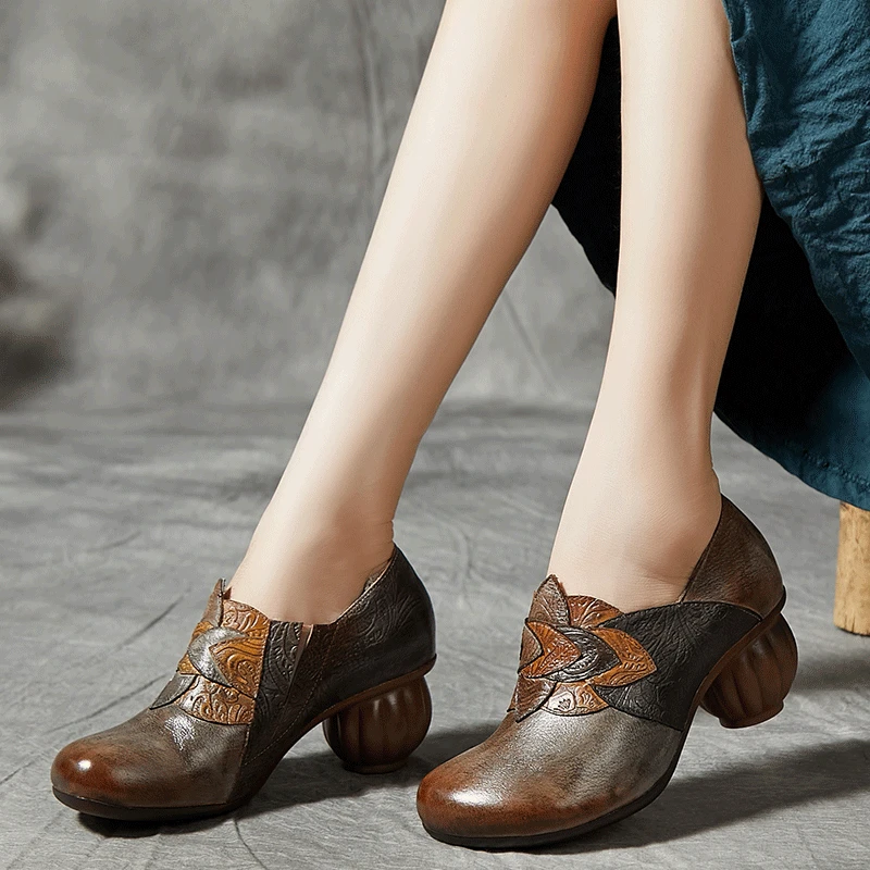 Женские кожаные туфли-лодочки; серые туфли на высоком каблуке; весенняя обувь без застежки в стиле ретро; брендовые туфли-лодочки с вышивкой; женская обувь ручной работы из натуральной кожи