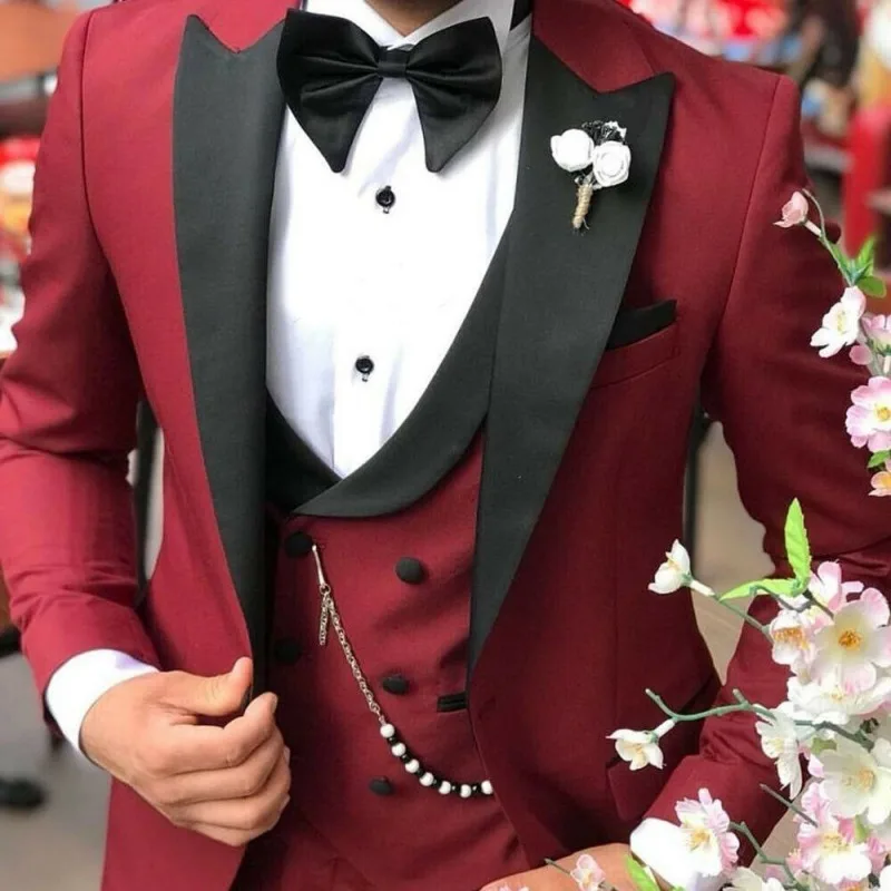 Темно-красные мужские костюмы из 3 предметов мужской свадебный костюм Slim Fit One Button Свадебный костюм вечерние смокинги куртка со штанами жилет