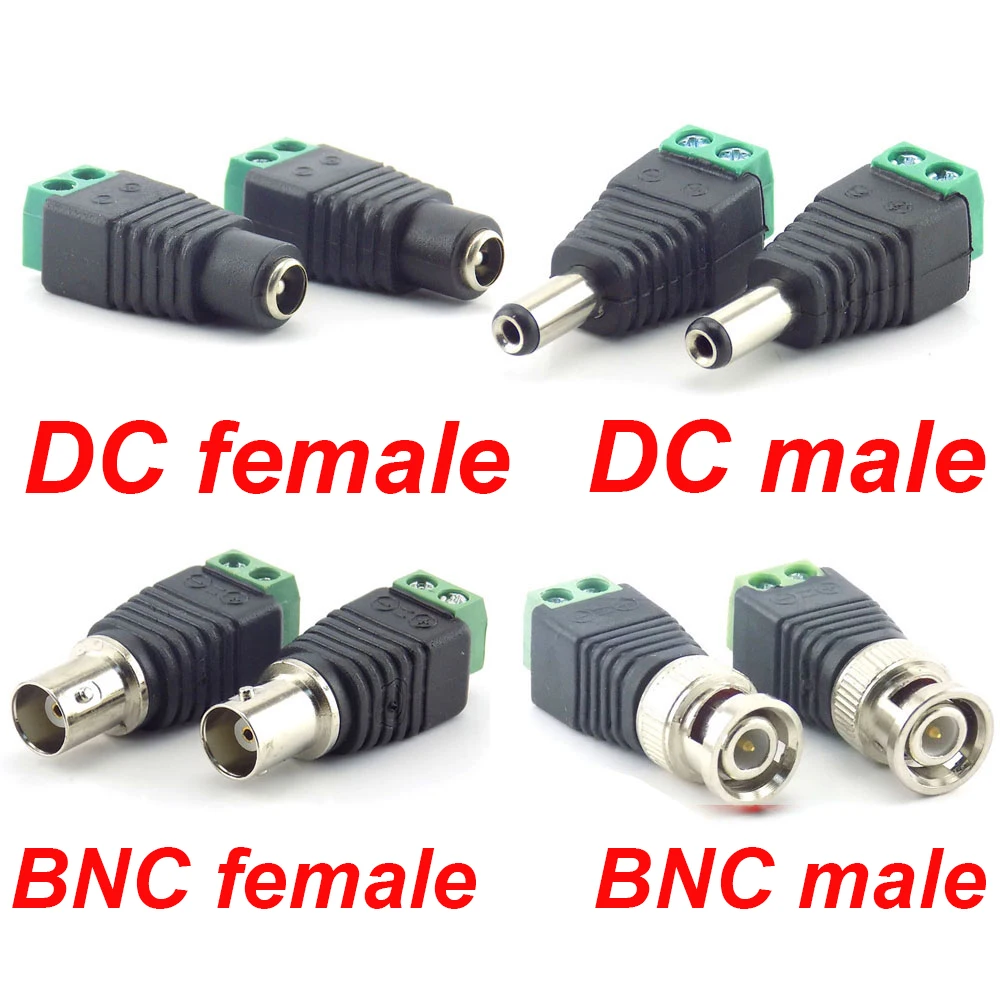Bnc conector dc bnc macho fêmea conector coax cat5 vídeo balun adaptador plug para led strip luzes cctv câmera acessórios