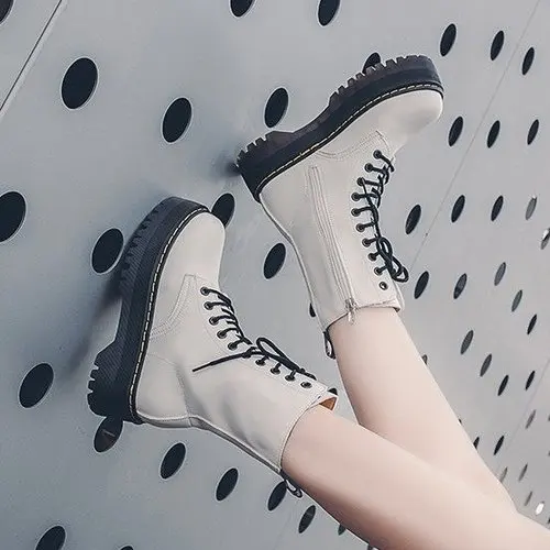 Модная обувь на плоской подошве с молнией женские ботинки из искусственной кожи на платформе и высоком каблуке Женская обувь на шнуровке мотоциклетные полуботинки в стиле милитари для девочек - Цвет: Белый