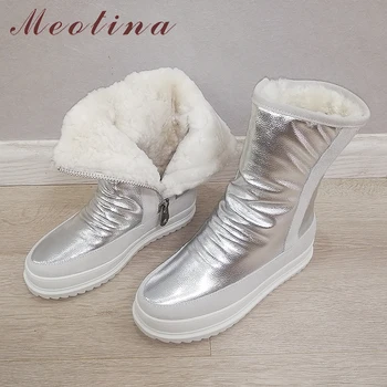 

Meotina Winter Snow Boots Women Shoes Genuine Leather Flat Platform Mid Calf Boots Zip Fur Lining Boots Ladies Black White 40