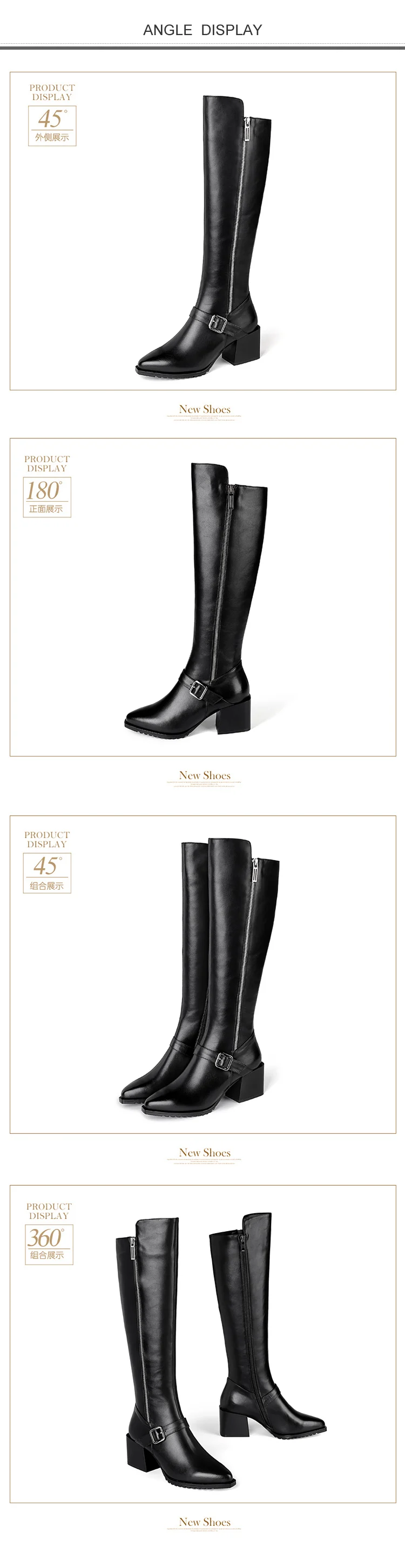 New Genuine Leather Winter Women Knee-High Boots High Heel Pointed Toe Buckle Zipper Fashion Women Shoes Black High Boots
