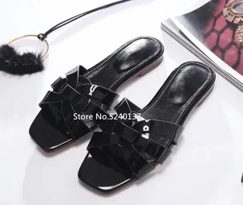 

European Design Summer Follwwith Brand Slippers Patent/Matte Leather Open Toe Leisure Flat Casual Slides Women