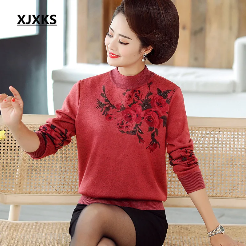 XJXKS, изысканный женский свитер с алмазной цифровой печатью, зима, толстый теплый удобный женский вязаный свитер, пуловер - Цвет: Красный