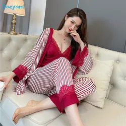 FAKUNTN Women 3 Pieces Silk Satin Pajama Set Sexy Lace Sleepwear Fashion Striped Pyjamas Cami And Pants With Chest Pads Homewear