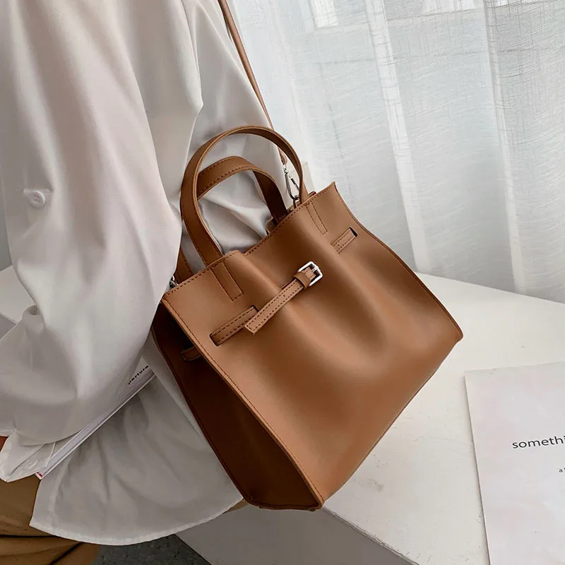 

Solid Color Pu Leather Shoulder Bags for Women 2020 Fall High Capacity Handbags and Purses Belt Design Lady Travel Hand Bag