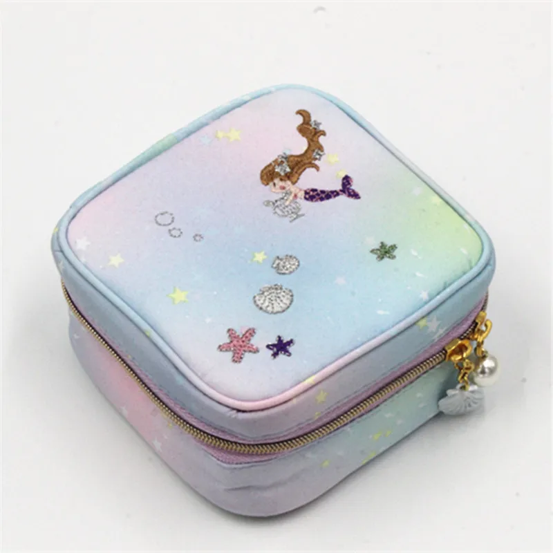 Mermaid embroidery jewelry box travel portable mini square jewelry box ring nail earrings necklace storage bag