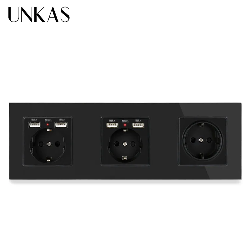UNKAS 3 Gang настенная розетка стандарта ЕС с 2 USB портами для зарядки мобильный