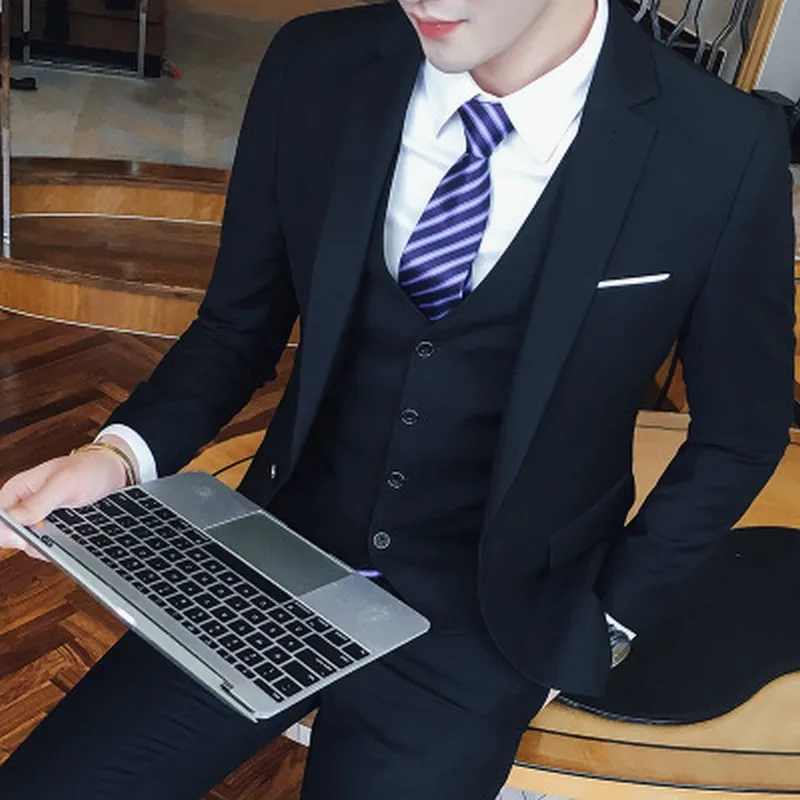 Three Pieces Business Party Best Men Suits Peaked Lapel One Button Made Wedding Groom Tuxedos ( Jacket+Pants+Vest)