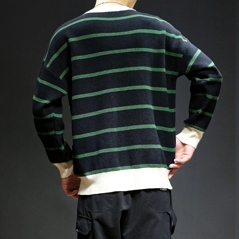Winter Striped Sweater Men Warm Fashion Contrast Color Casual Knit Sweter Man Streetwear Loose Long-sleeved Pullover Men M-5XL
