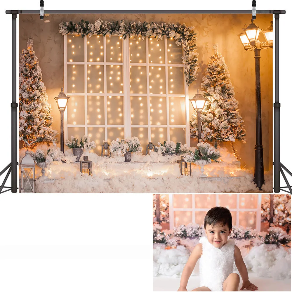 Christmas Window Backdrop Winter Snow Wonderland Birthday Portrait Background Curtain Wreath Christmas Tree Photography Props