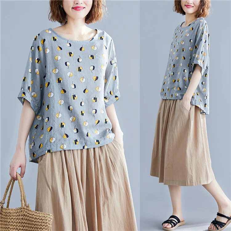 

Summer Literature And Art Cotton Linen Printed Slimming T-shirt Crew Neck Retro Large Size Tops Women's