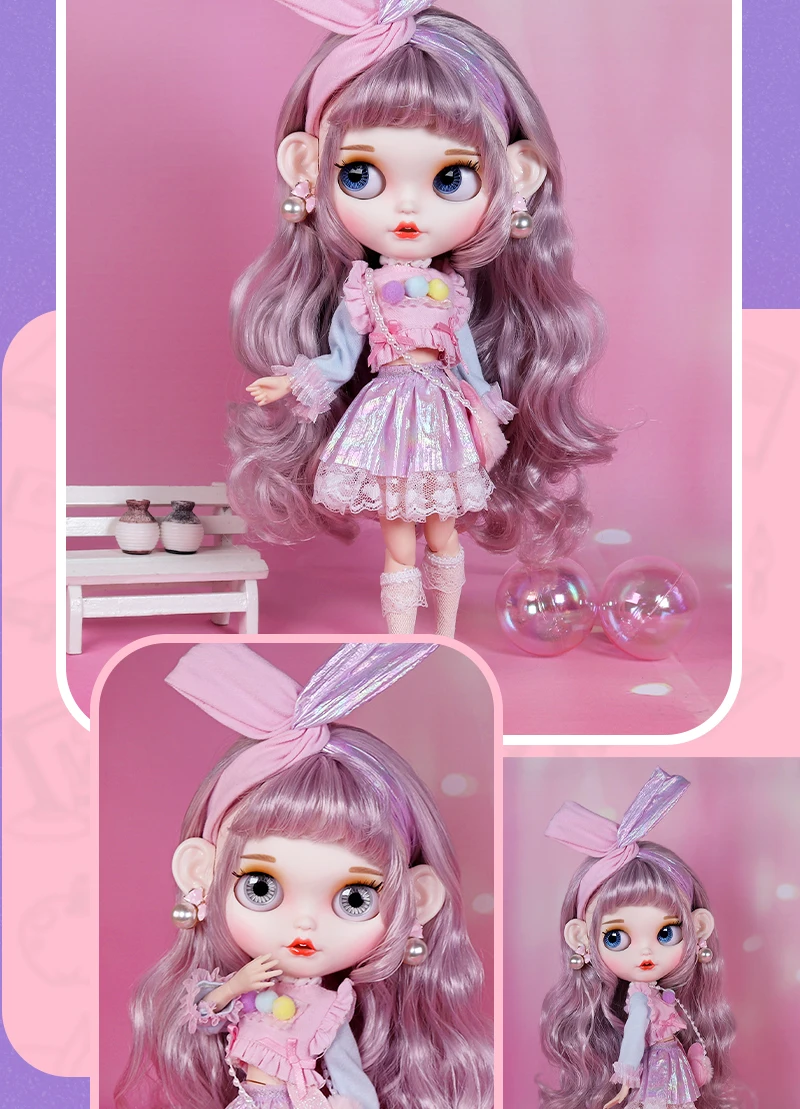 Liana – Premium Custom Neo Blythe Doll med lila hår, vit hud och matt leende ansikte 6