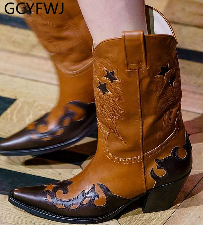 

GCYFWJ Women Boots Pointed Toe Embroider Short Boots Genuine Leather High Boots Western Cowboy Boots Woman Mid-calf Boots 2020