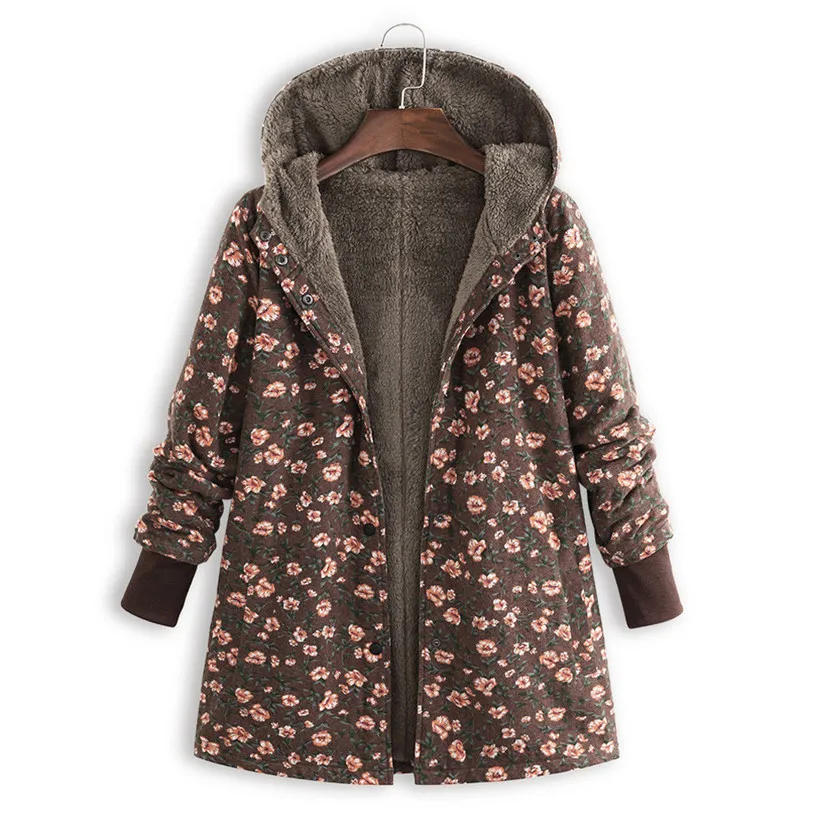 EaseHut 5XL размера плюс для женщин осень зима парка пальто Винтаж Цветочный Принт плюшевая подкладка капюшон с длинным рукавом Длинные повседневные куртки