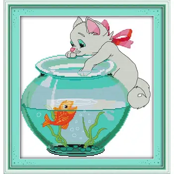 

Printed on Canvas DMC Counted Chinese Cross Stitch Kits11&14CT Printed Cross-stitch Set Embroidery Needlework Cat Aside Fish Jar