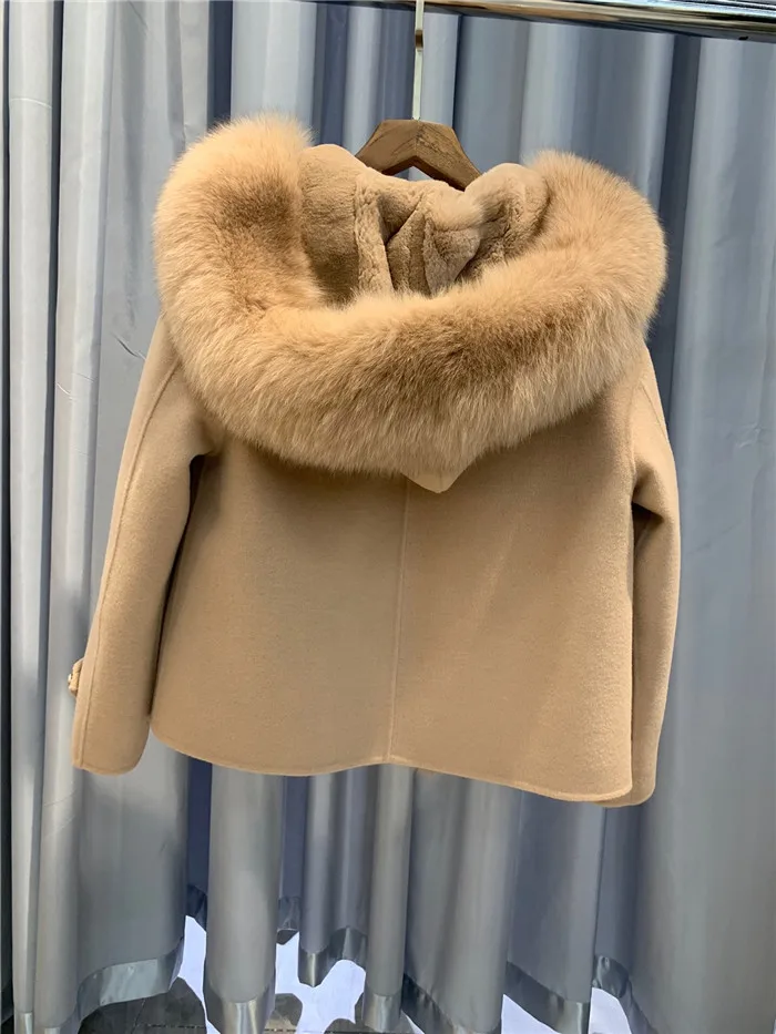 CAMEL Съемная подкладка из кроличьего меха Рекс короткая парка для женщин натуральный Лисий меховой воротник Двусторонняя кашемировая куртка большого размера - Цвет: CAMEL