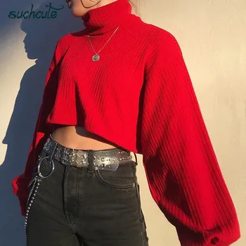 

SUCHCUTE Turtleneck Pullovers Women's Sweater Soild Outwear Puff Longslive Autumn Winter 2019 Korean Style Loose Warm Female Top