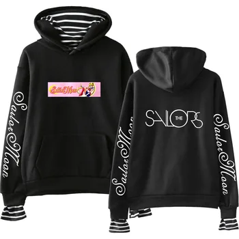 

Japan Anime Sailor Moon Cartoon Print Oversized Hoodie Women Striped Patchwork Fake Two Pieces Hooded Sweatshirt Pullover Tops